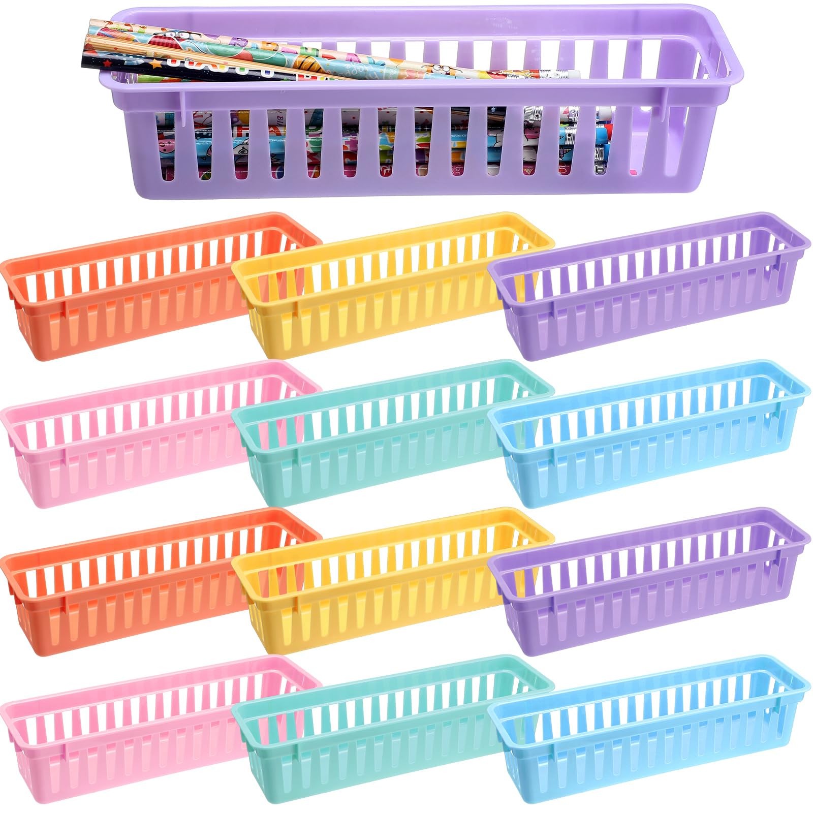 12 Pcs 10″ x 3″ Plastic Pencil Basket Back to Pencil Tray Holder for Classroo…