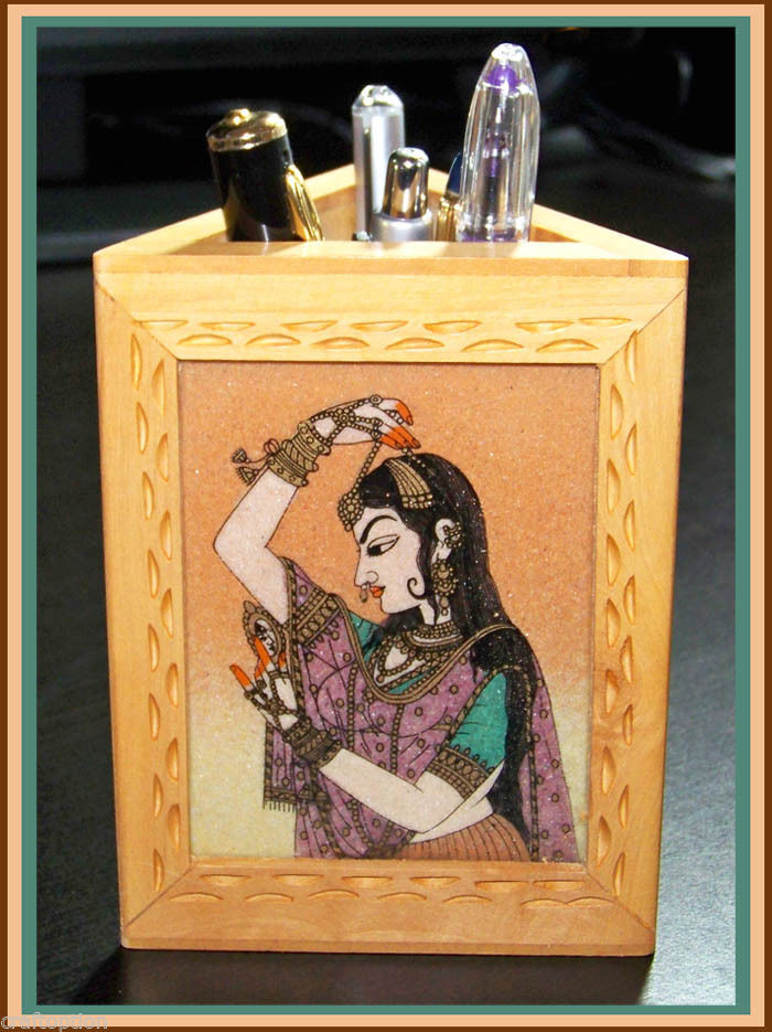 THREE GEMSTONE PAINTING ON A TRIANGLE PEN PENCIL HOLDER/STAND FROM INDIA!!
