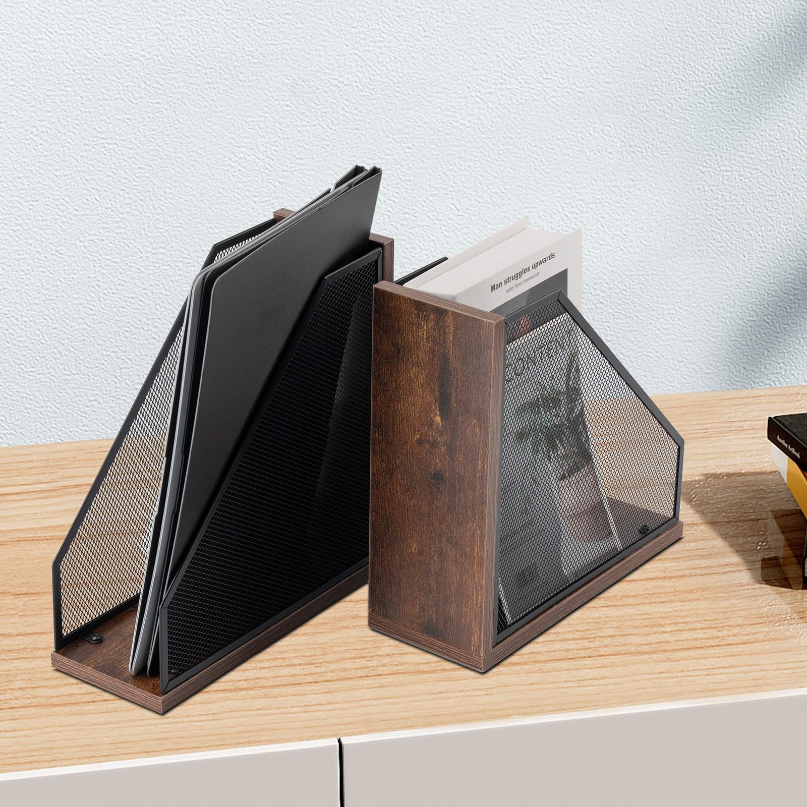 2 Pack Antique Wooden Mesh Magazine File Holder Decorative Desk Box Black