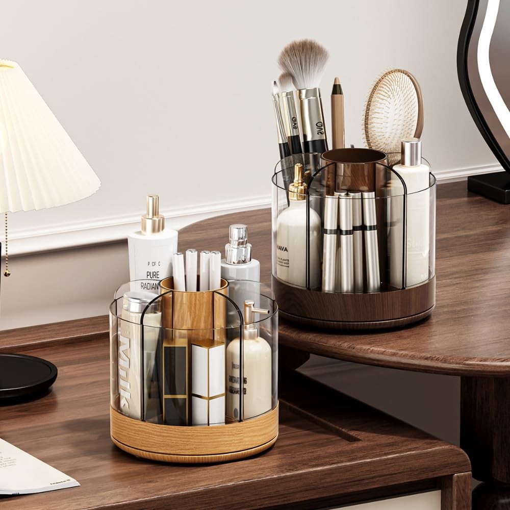 Siehpa3 Makeup Brush Holder 360° Rotating 6 Slot Dark Woodgrain