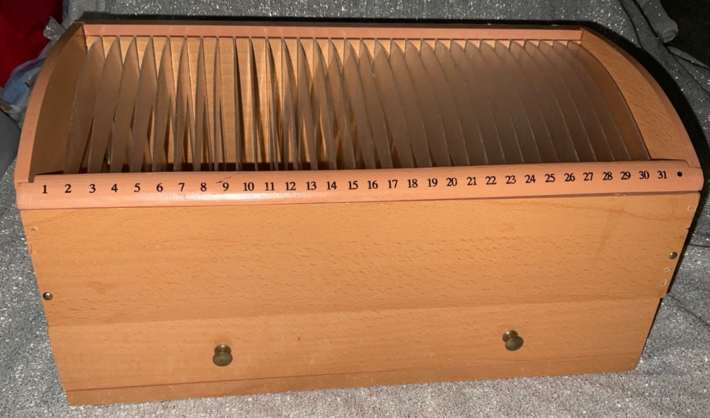 VTG 31 Day Wooden Monthly Bill Letter Mail Sorter Organizer Desk Top w/Drawers
