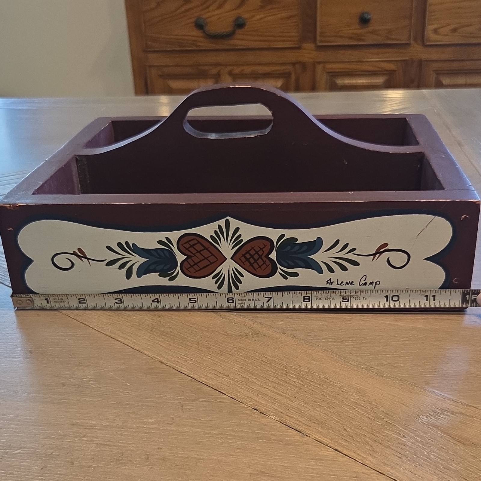 Rustic Wooden Folk Art Caddy signed Arlene Camp