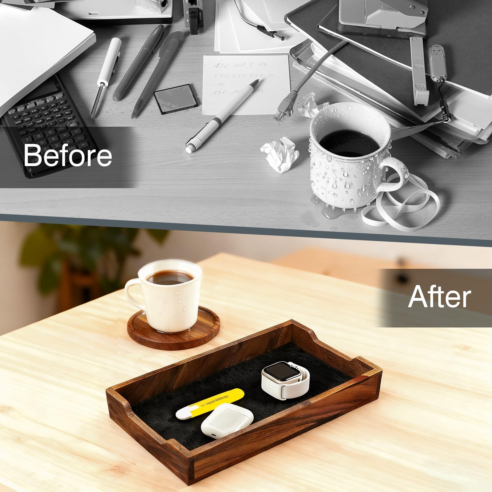 Walnut Desk Tray with Cup Coaster Set Felt Lined Wooden Desk Organizer Set