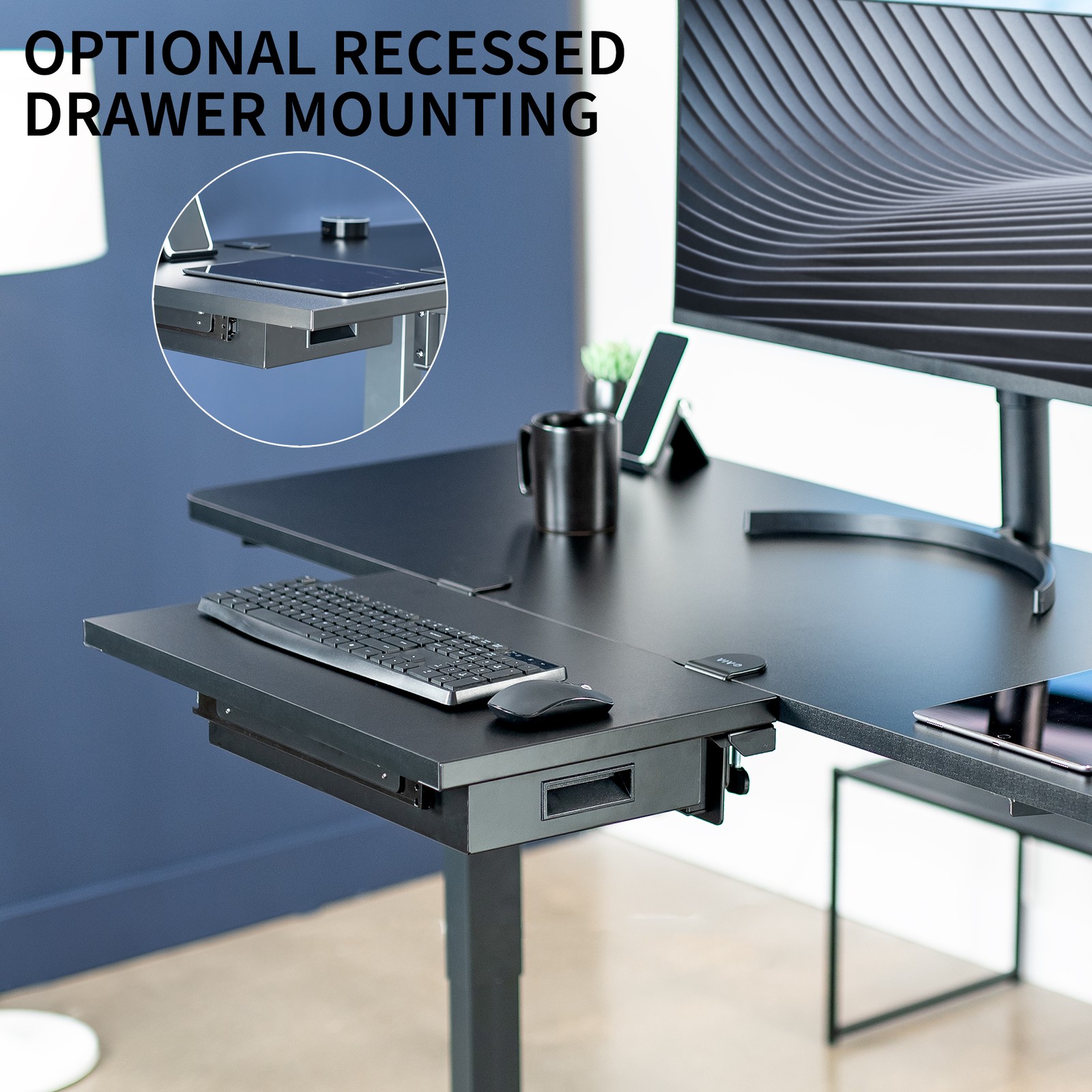 VIVO Black Premium Clamp-on 24″ x 14″ Desk Extension with Storage Drawer