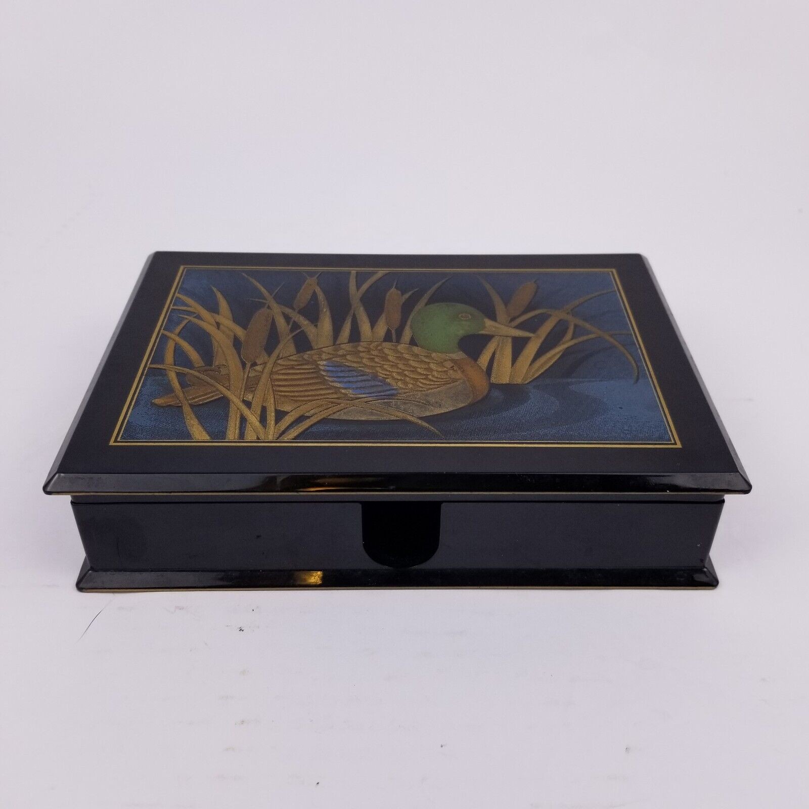 Otagiri Black Lacquerware Note Note Pad Holder Desk Caddy Golden Mallard Vintage