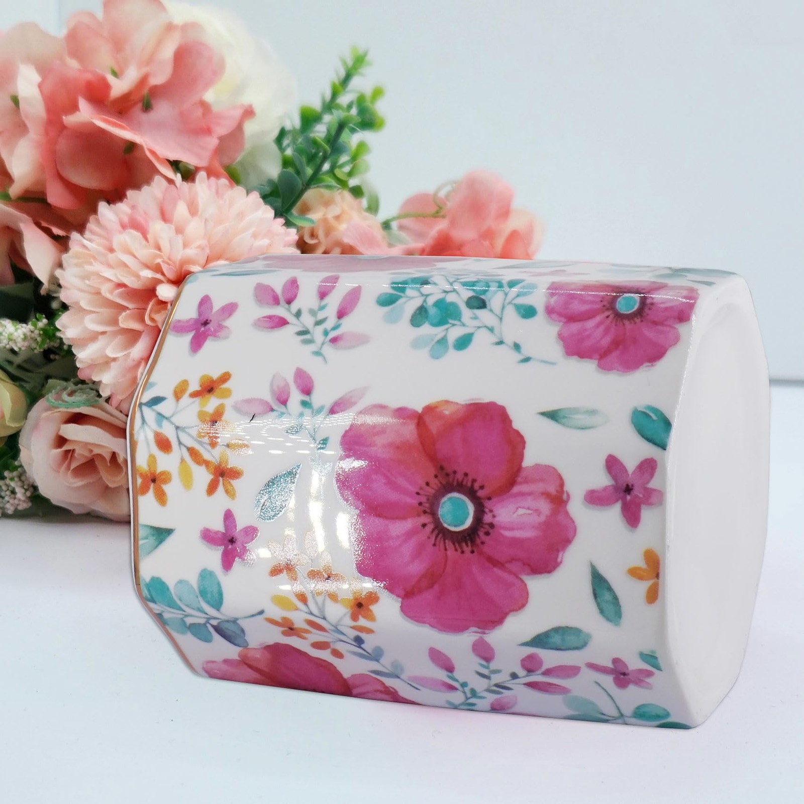 LEAZUL Pen Holder, Makeup Brush Holder Ceramic Shiny Gold Spring Purple Red