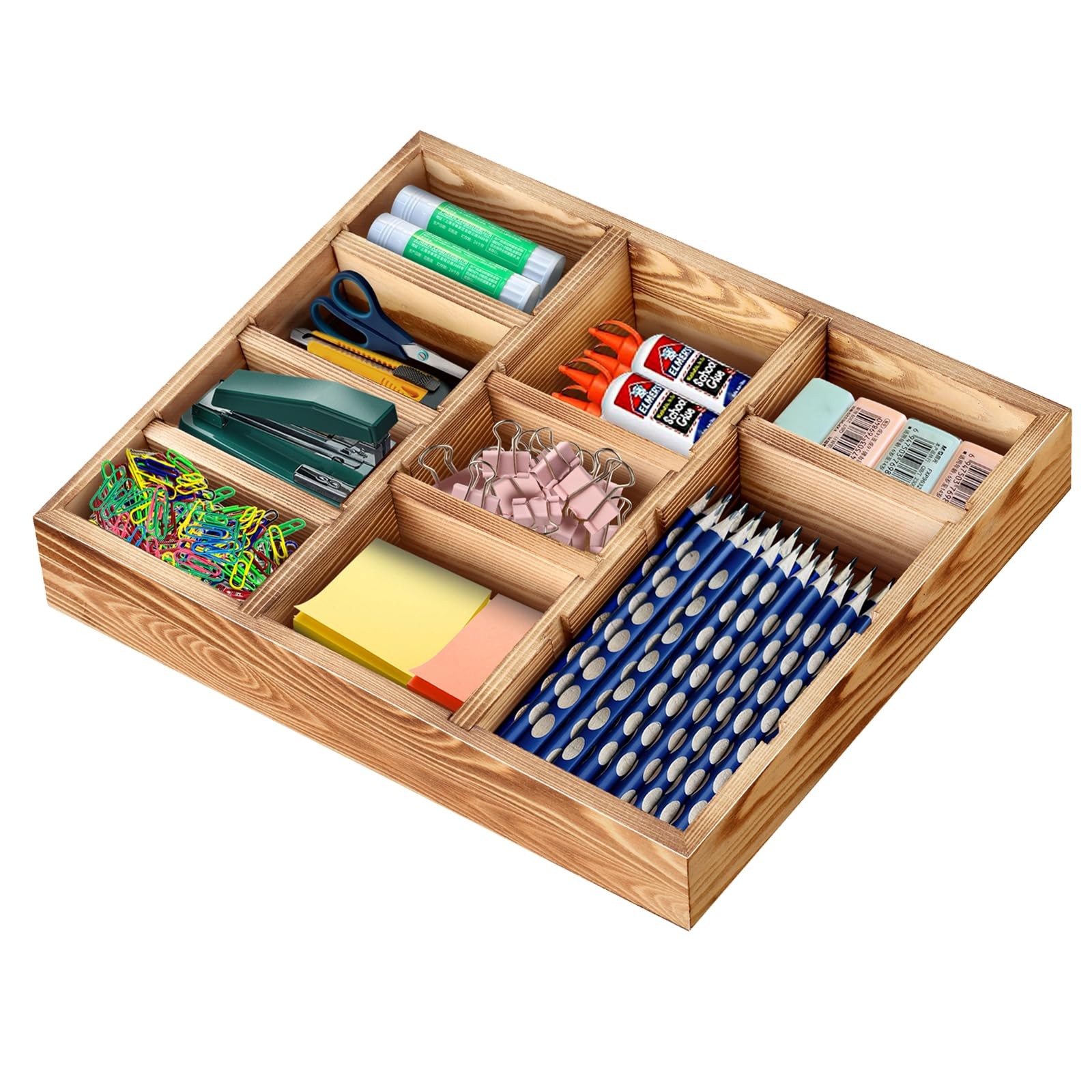 Wooden Desk Drawer Organizer 9 Slot Adjustable Wood Office Storage 12×9 Inch