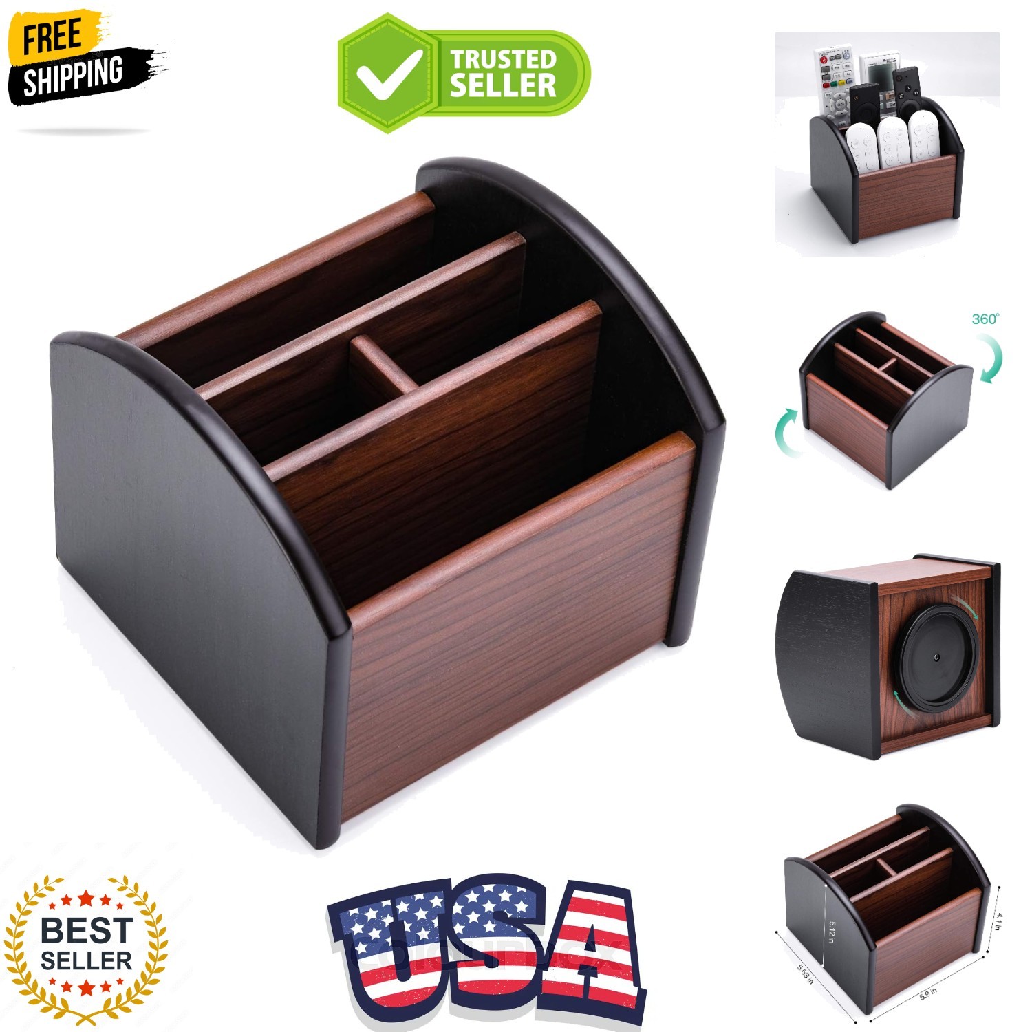 Remote Control Holder Caddy, Wooden Desk Organizer with 4 Compartments, Multi…