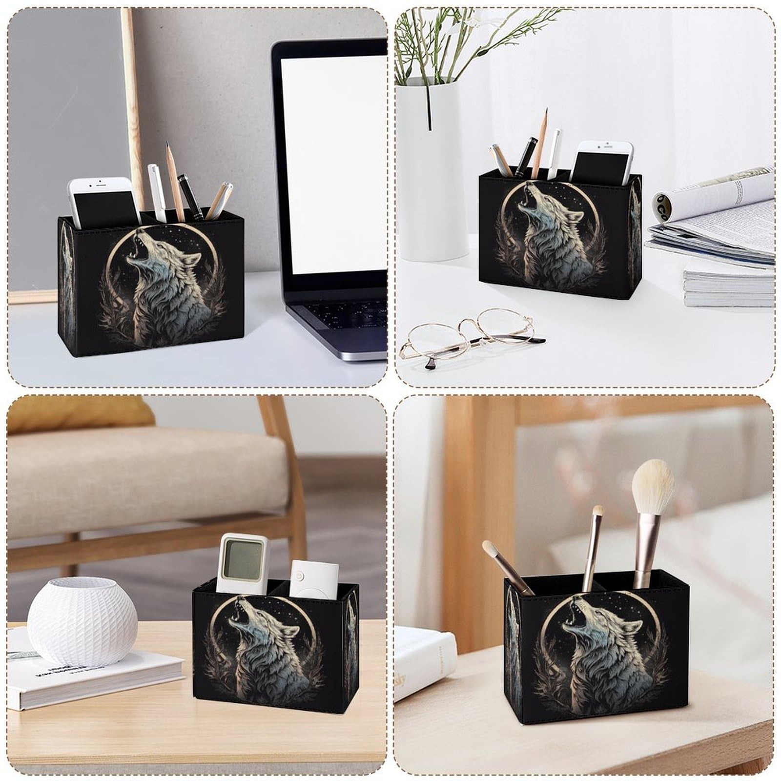 Howling Wolf Moon Pencil Holder for Desk, Leather Desktop Container Pen Cup S…