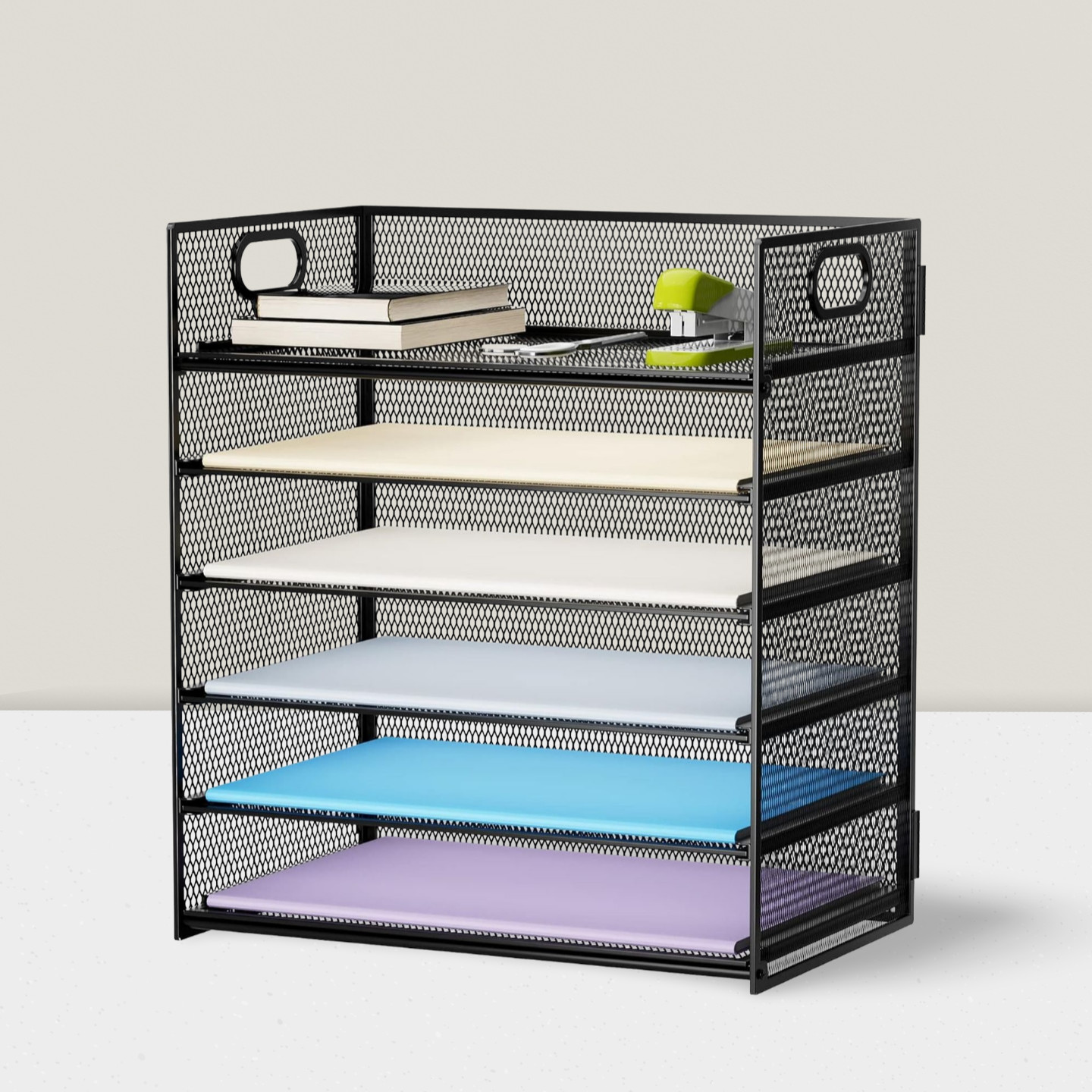6-Tier Paper Organizer Mesh Desk File Tray with Handle Black