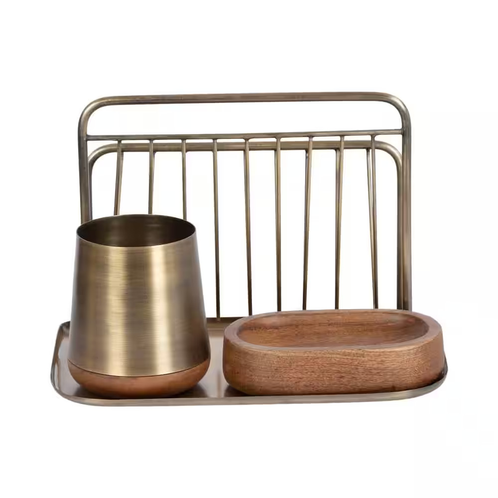 Koni Walnut Brown/Gold Rectangle Metal Desk Organizer