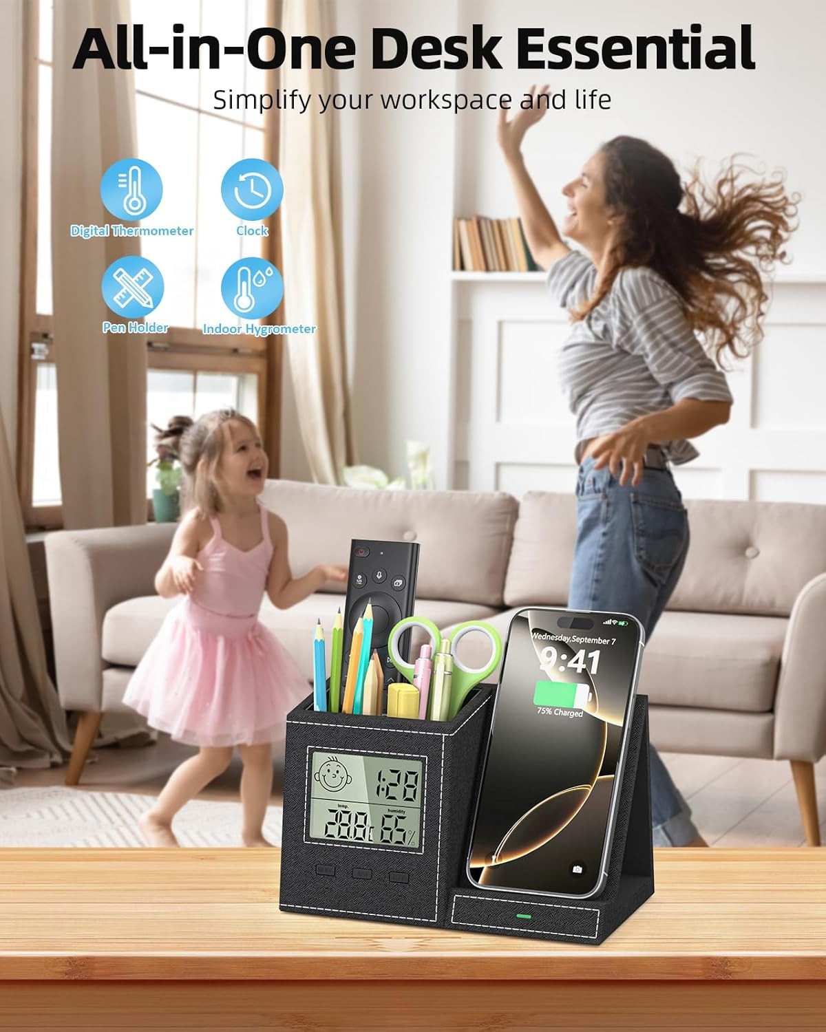 Multifunctional Pen Holder and Organizer for Desk with Wireless Charger, Digital