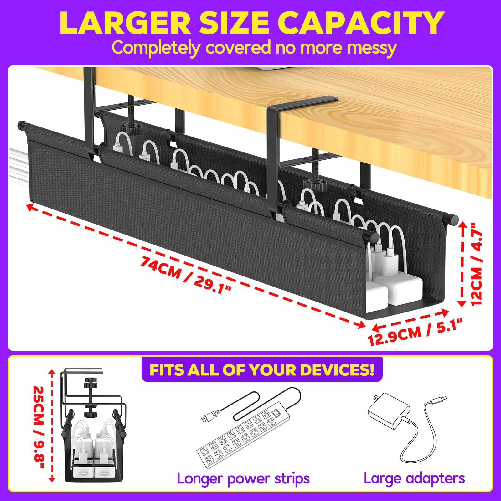 Large Under Desk Cable Management Tray, REFLYING 29.1″ Medium, Black