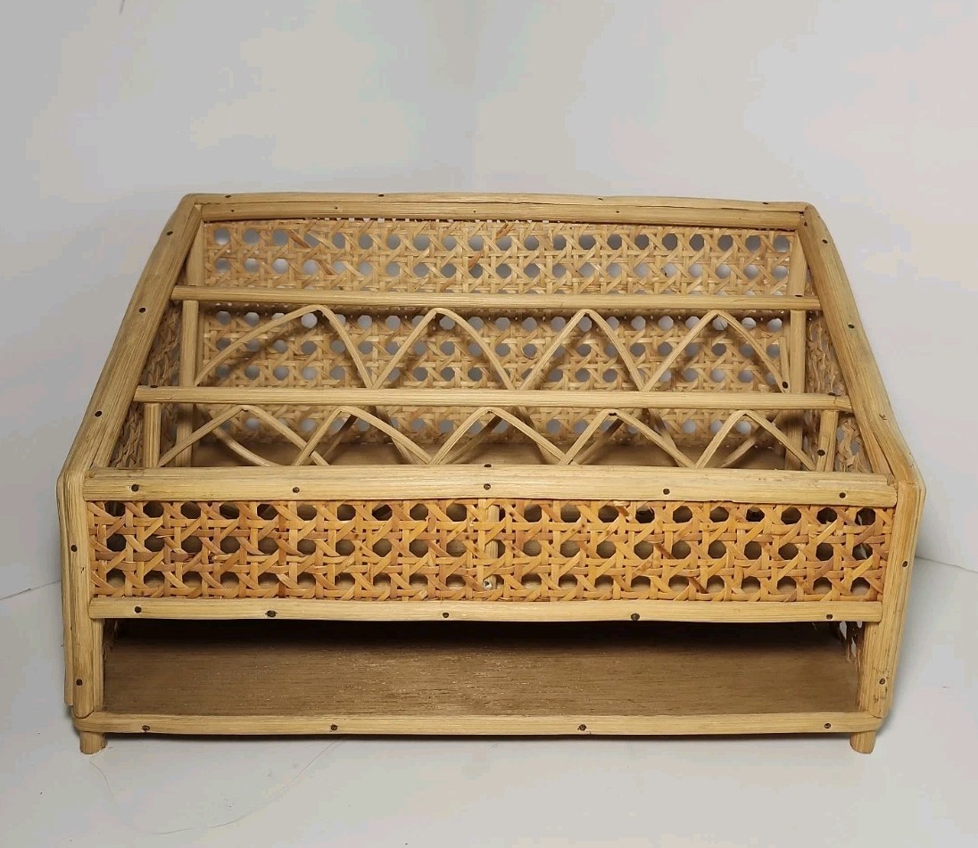 Vintage Bamboo & Rattan Cane Wood Surface Top Desk Top Letter Organizer