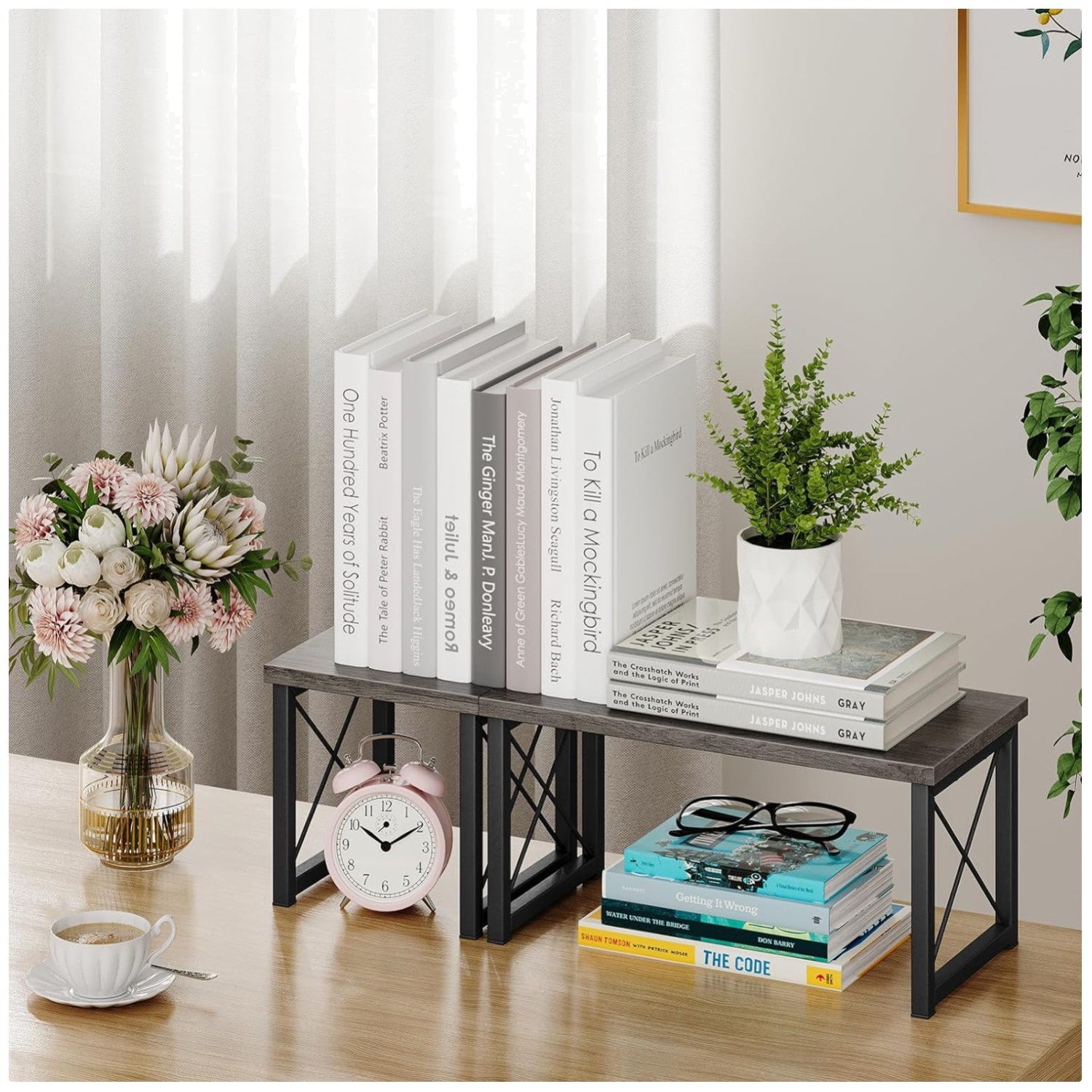Wood Desktop Shelf Organizer, 2 Tier Adjustable Stand