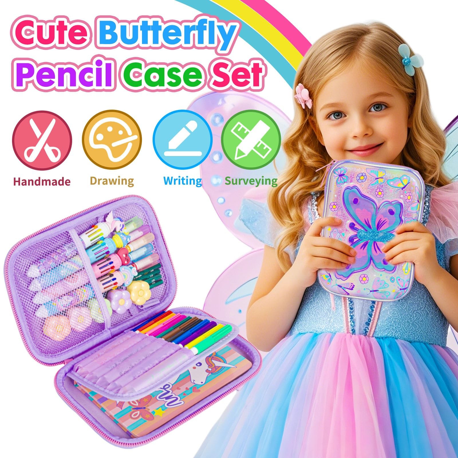 Butterfly Pencil Case Stationery Set for Girls, 3D EVA Big Capacity Cute Penc…