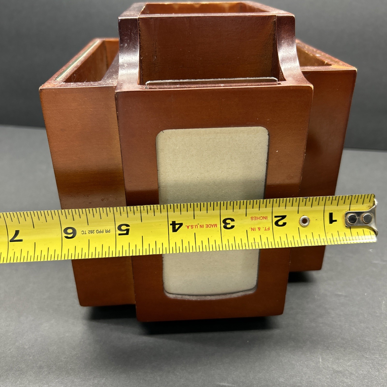 Art Deco wooden desk organizer with photo frame panels and mail holder slots.