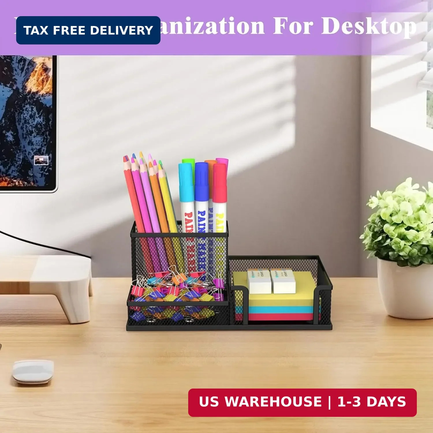 SUPEASY Pen Holder Desk Organizer, Office Supplies Pencil Holder with 3 Compartm