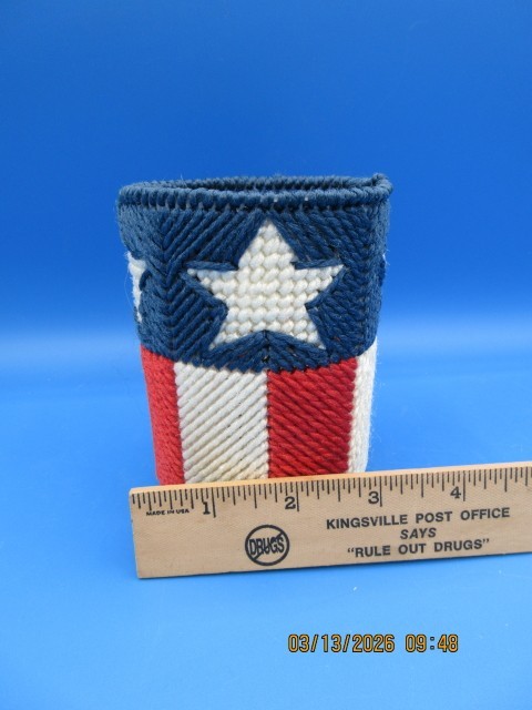 Pencil Holder Home Made Plastic Canvas Red White & Blue with Stars
