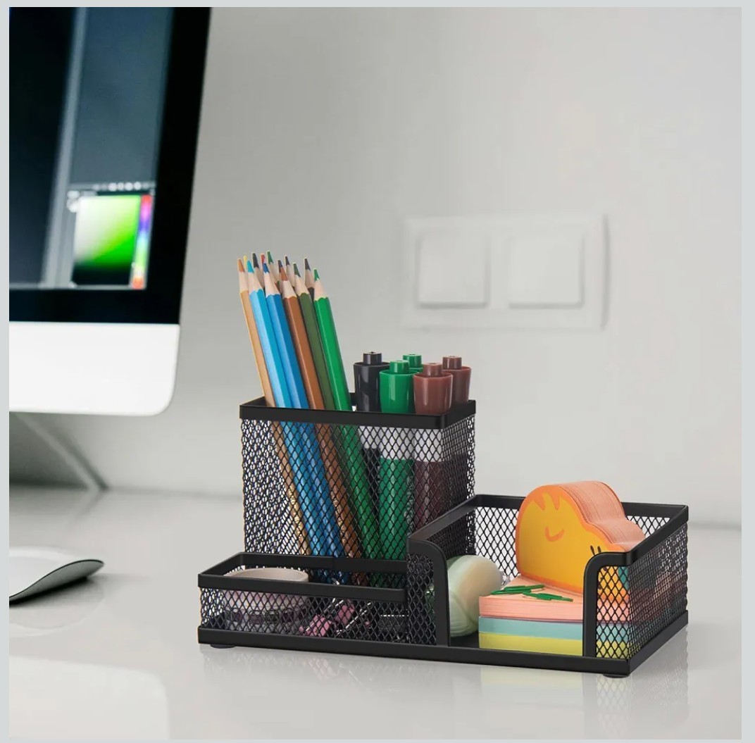 Black Mesh Metal Desktop Organizer, 3-Compartment Desk Pen/Pencil Holder