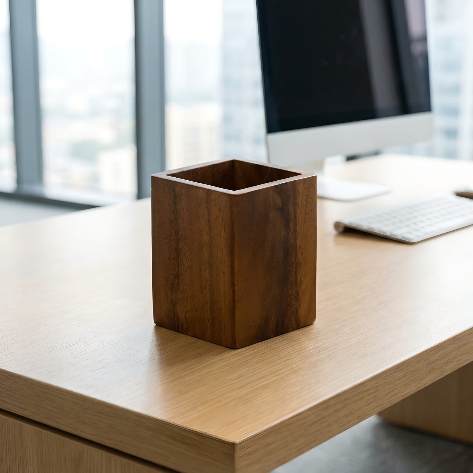 Square Walnut Wood pencil holder pen pot desktop organizer home office gift
