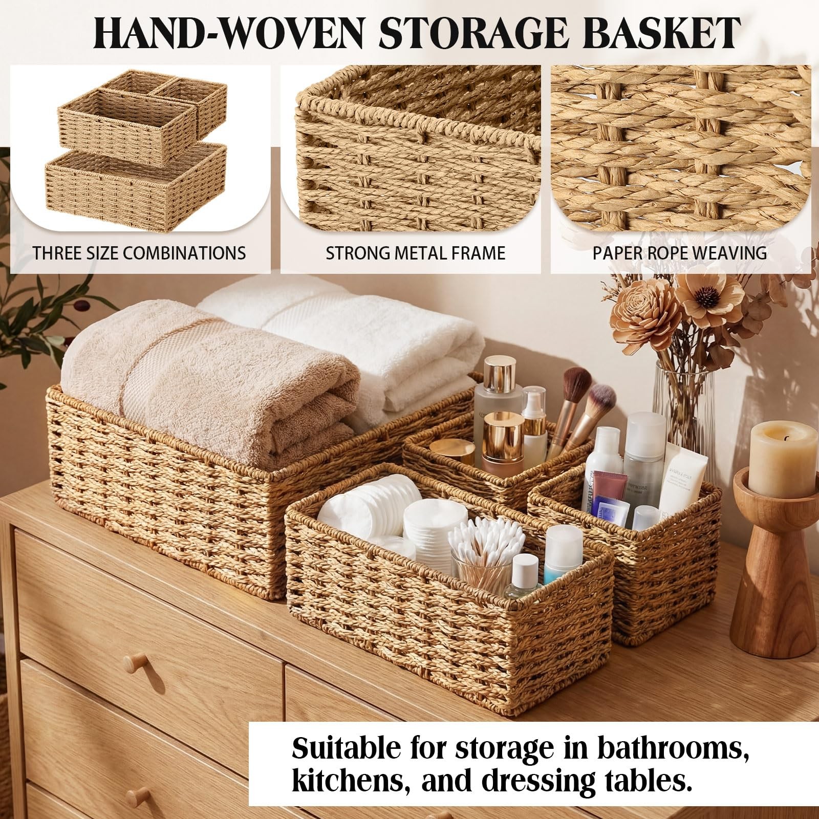 Natural Storage Baskets Set 4 Pack Rustic Paper Rope Woven Basket for Organiz…