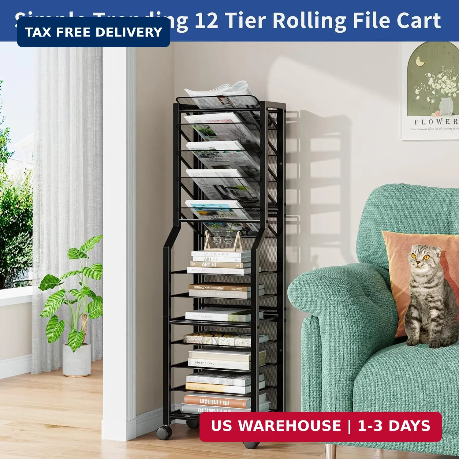 Simple Trending 12 Tier Rolling File Cart, Desk File Organizer with Sliding Tray