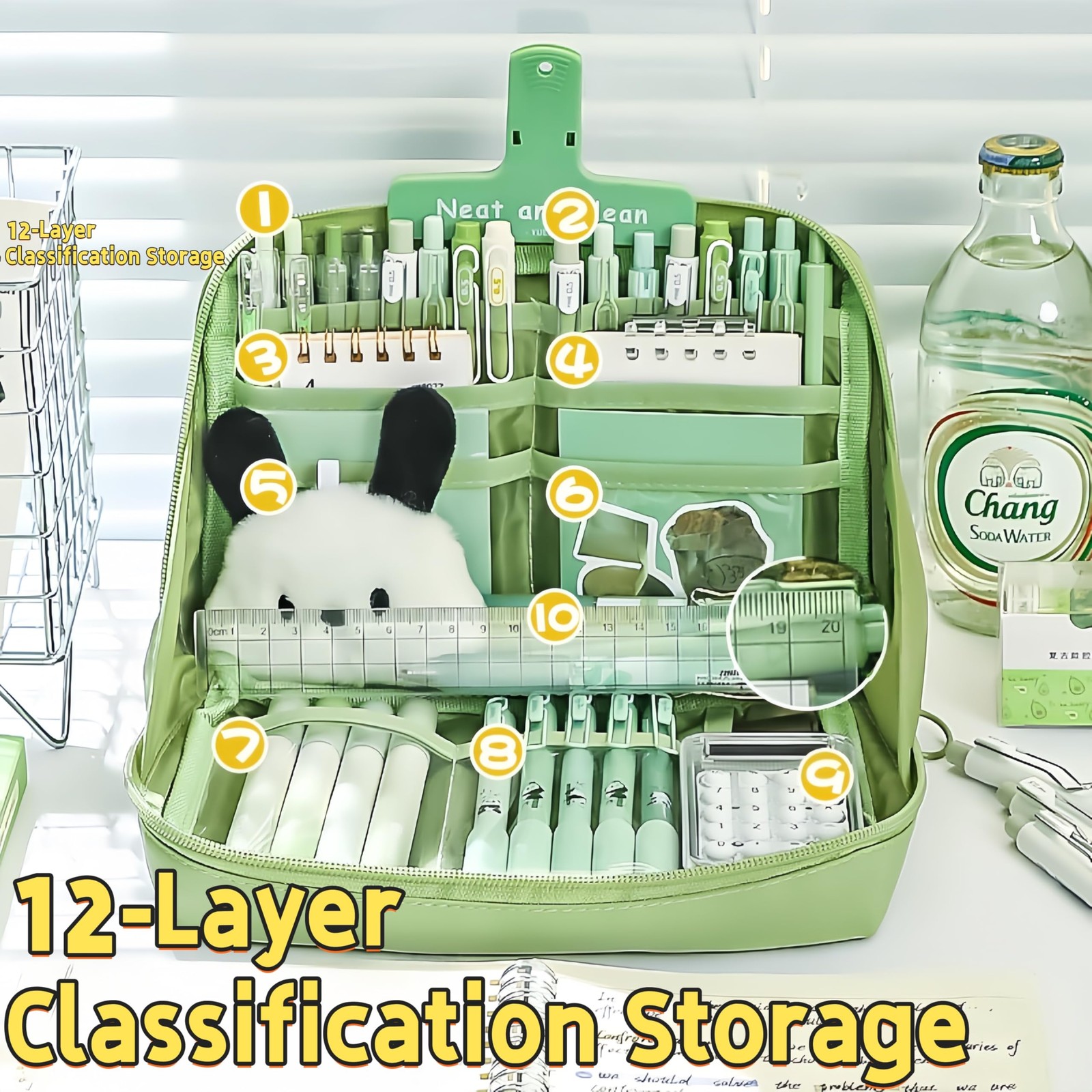 Kawaii Aesthetic Pencil Case Large Capacity Canvas Pen Pouch Green