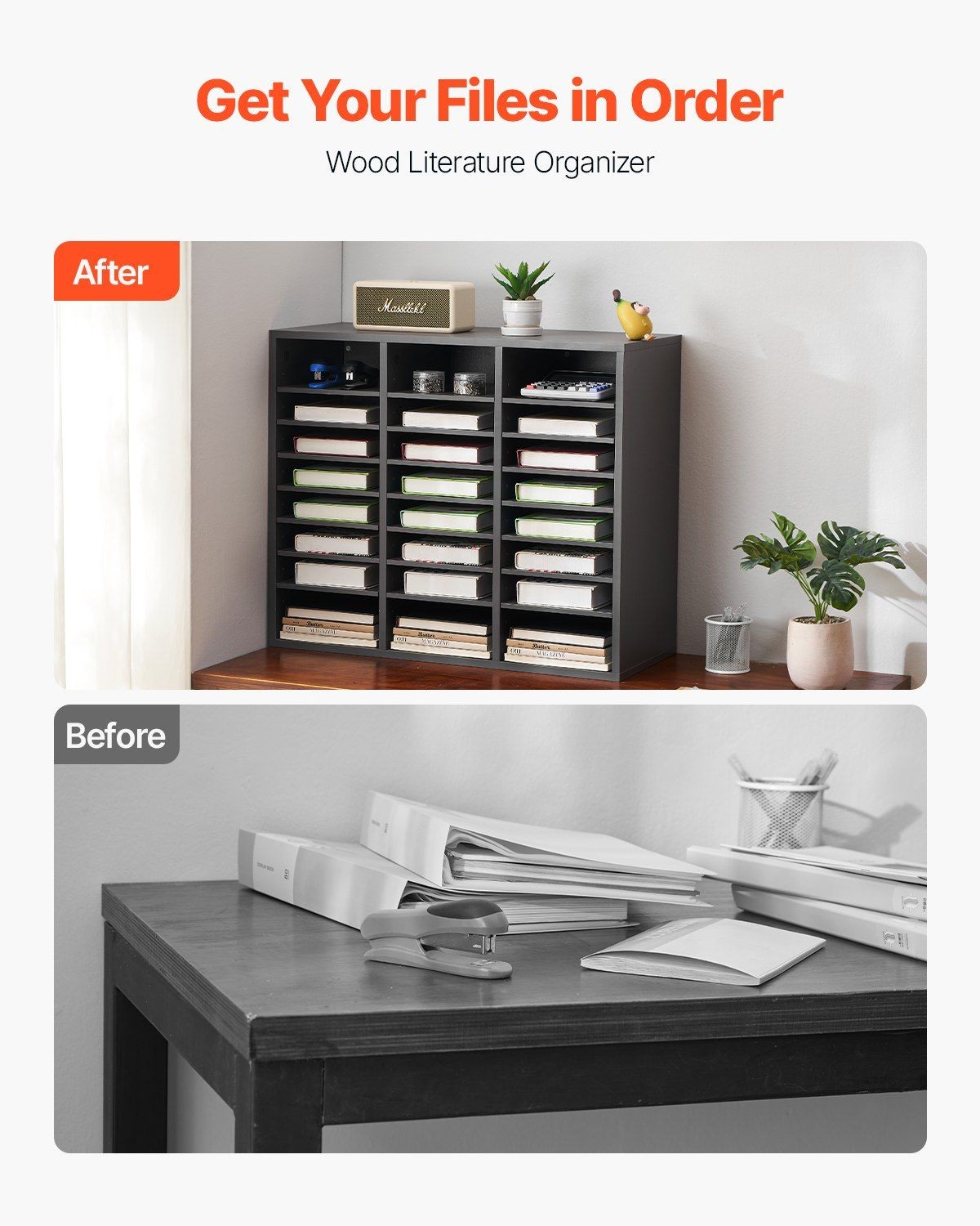 Wooden Office Mailbox — 24-Compartment Grey Literature Organizer, 9.2×11.1in