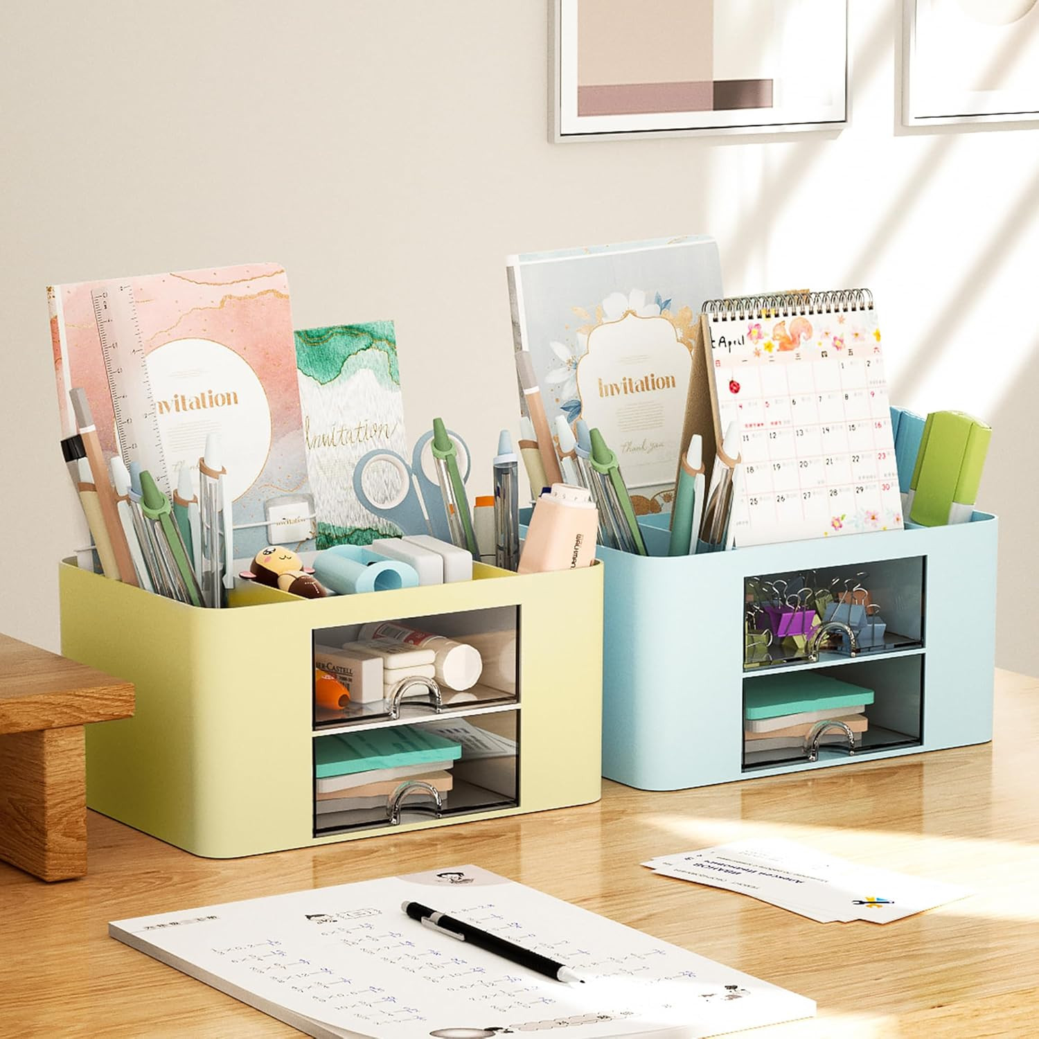 Desk Pen Organizer with 2 Drawers 5 Compartments for Office Supplies Yellow