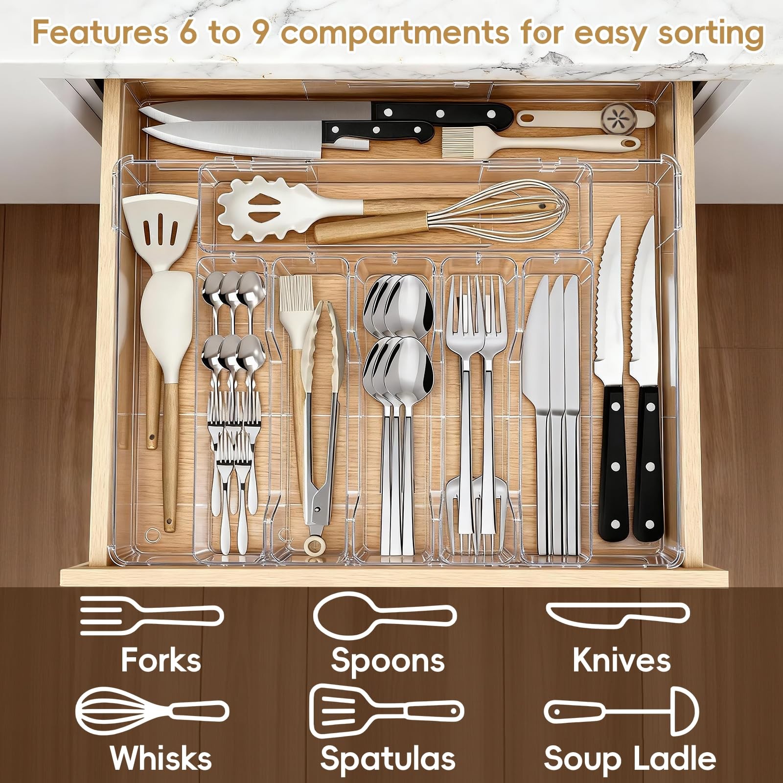 Pesilo Expandable Silverware Organizers for Kitchen Drawer, Clear Transparent
