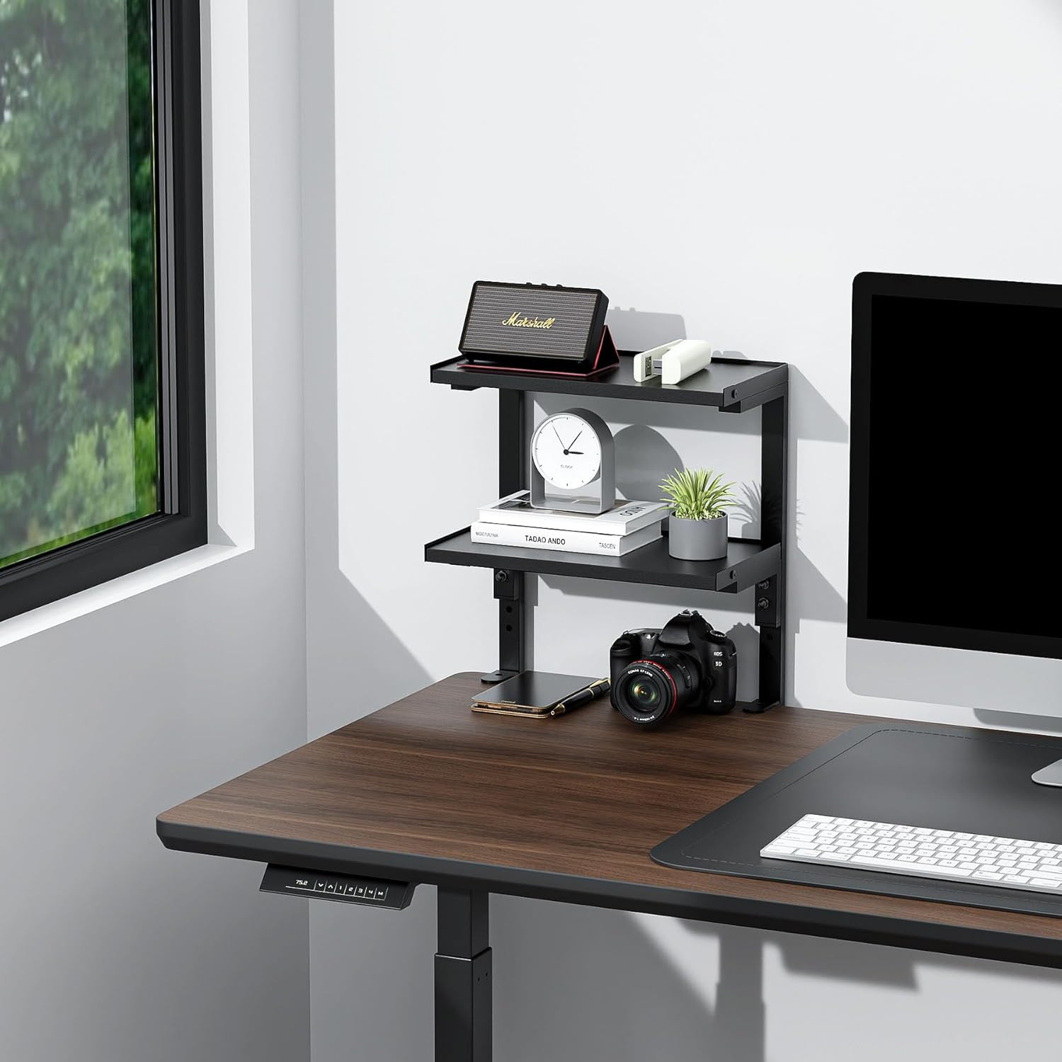 Clamp on Desk Shelf, 2 Tier Office Desk Shelves Organizer, Wood Desktop Supplies