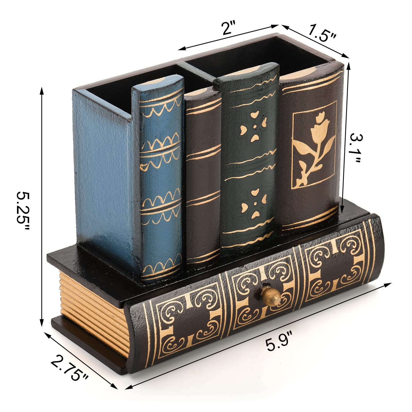 Decorative Pen Holder with Storage Drawer, Wooden Pencil Holder Organizer, An…