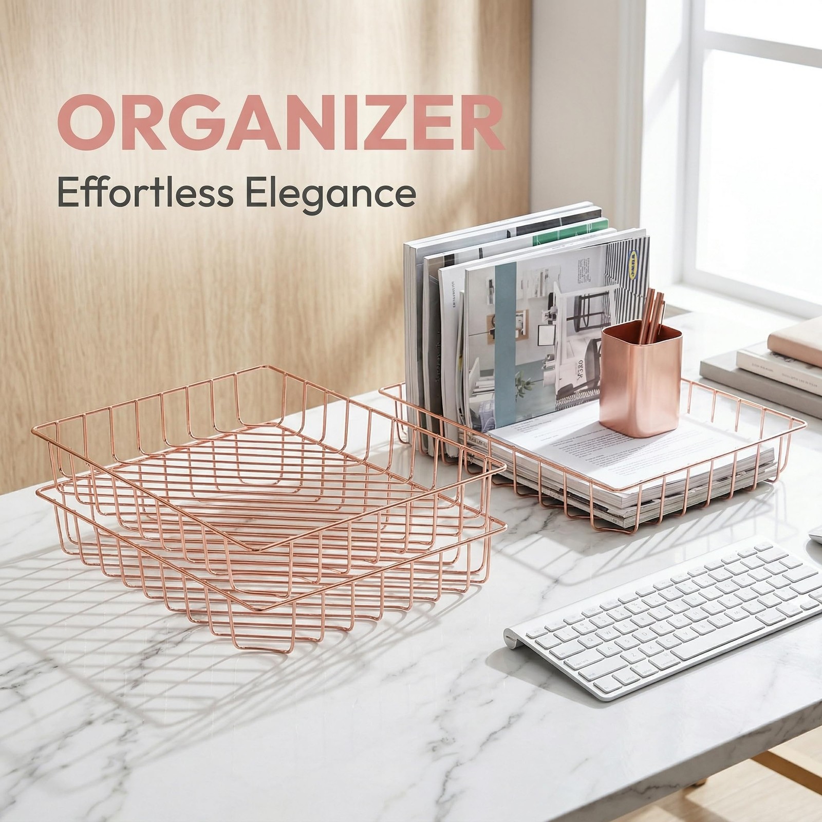 3 PCS Rose Gold Wire File Tray Desk Paper Letter Magazine Organizer Basket