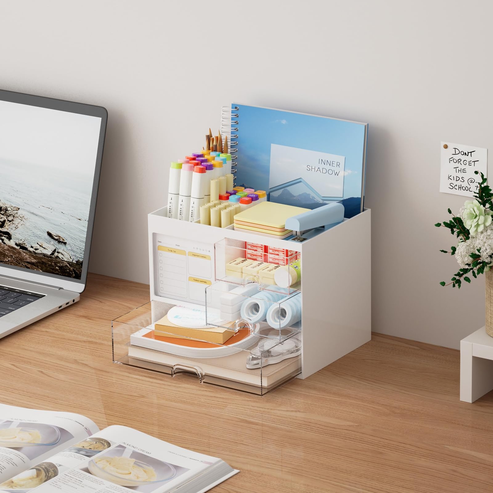 Marbrasse Desk Organizer with 3 Drawer, Multi-Functional Pencil Pen White