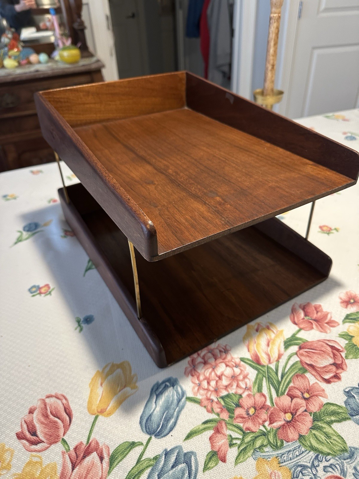 Vintage 60s MCM Midcentury Two Tier Walnut Letter Tray Brass File Holder Wooden