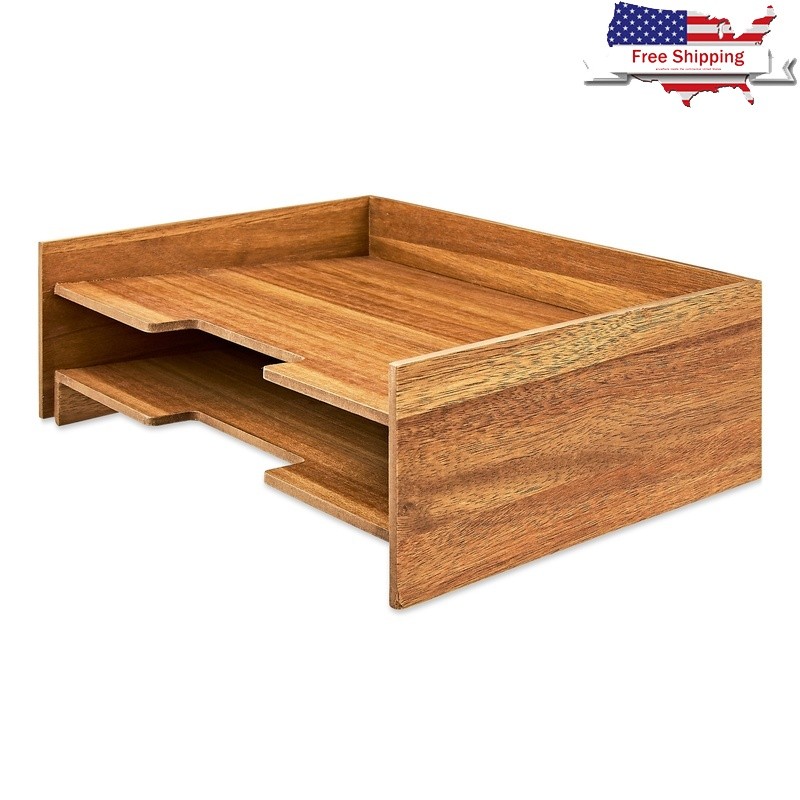 Wooden Paper Tray Stackable Organizer 2 Tier Acacia Desktop File Holder New