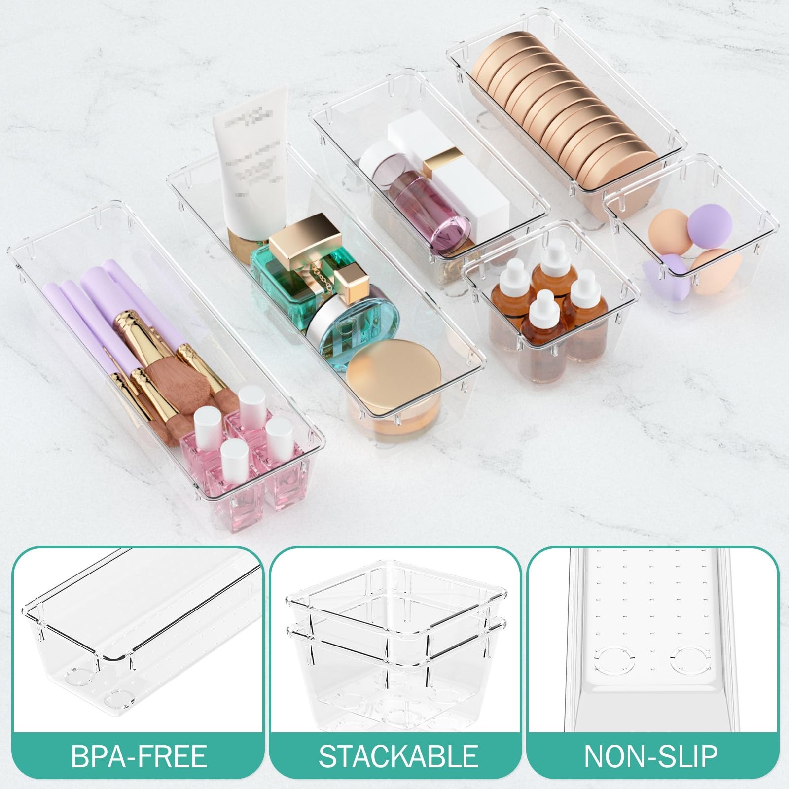6 Pack Clear Acrylic Drawer Organizer Trays for Makeup, Office, Utensils