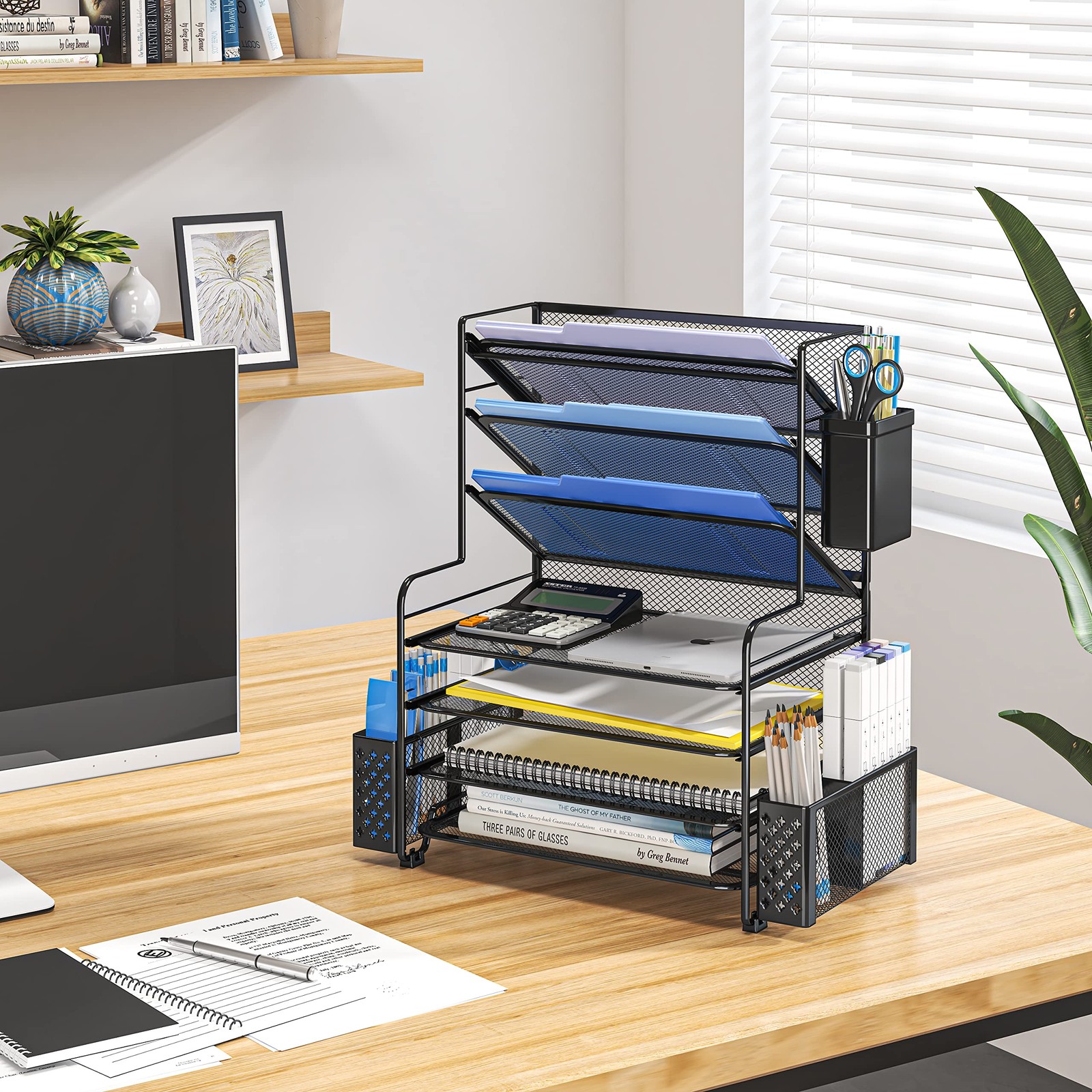 7 Tier Desk File Organizer, Letter Tray Organizer with Pen Holder and Metal H…