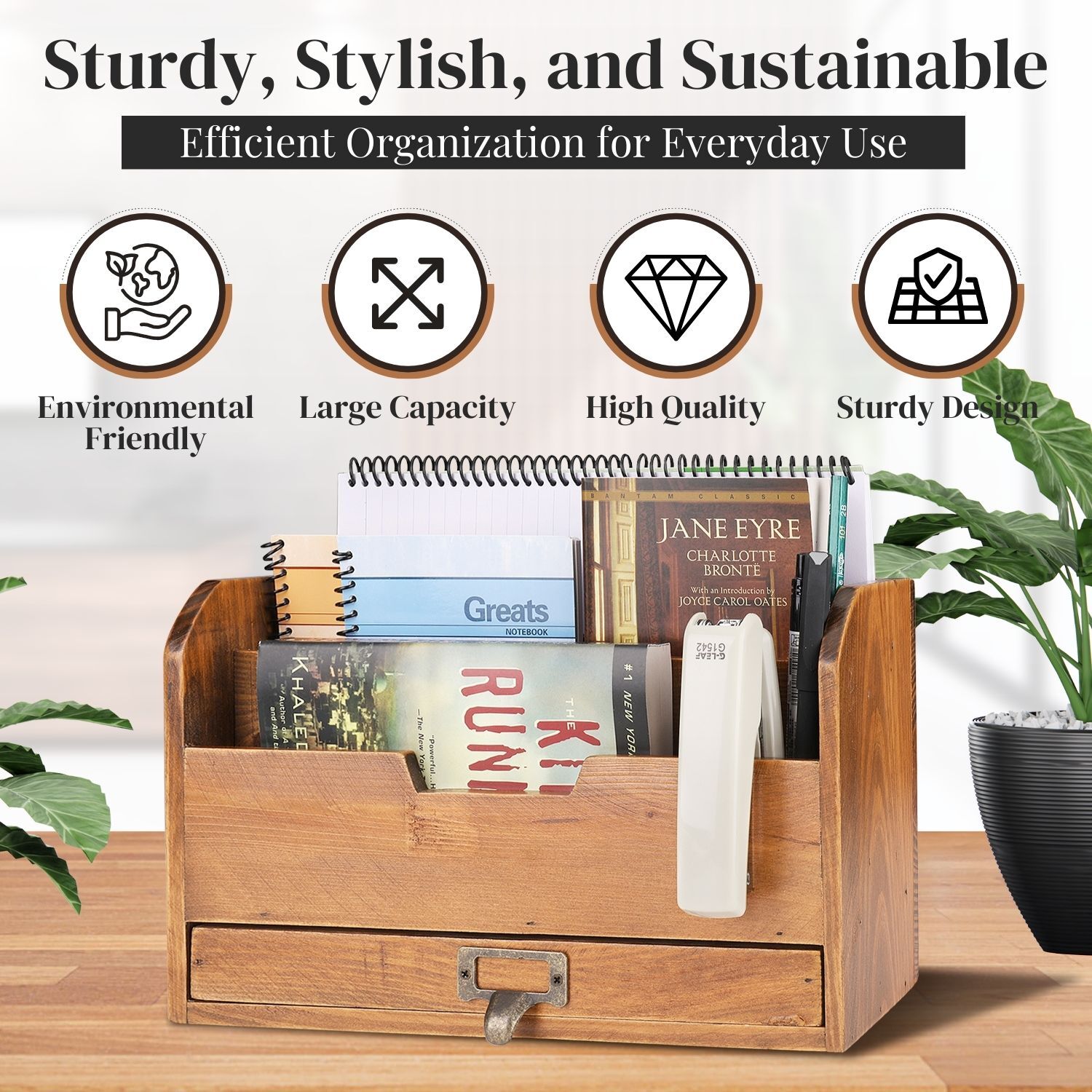 3 Tier Wooden Desk Organizer – Rustic Slot Sorter Shelf Holder with Drawer