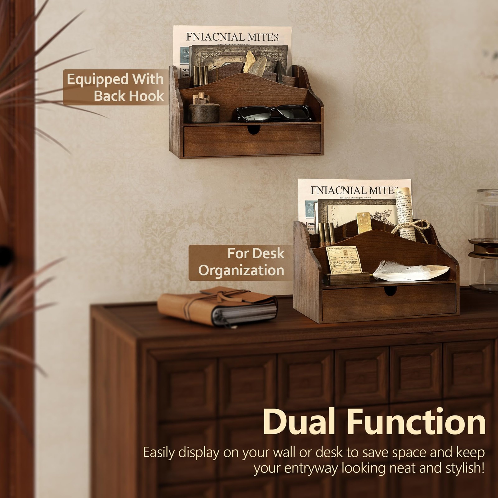 Pine Wood Mail Organizer for Desk Rustic Mail Sorter with Drawer & Dividers …