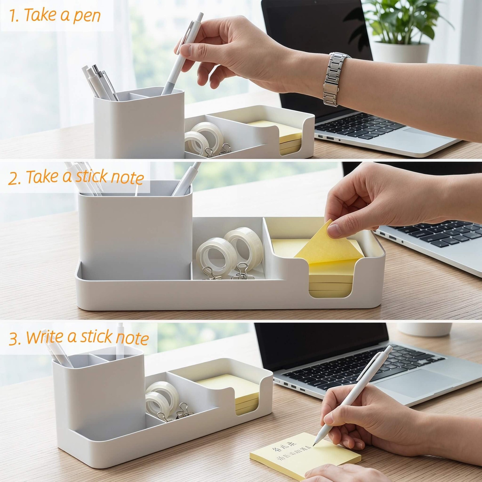 Pen Holder Desk Organizer White HIPS Plastic Sticky Note Storage