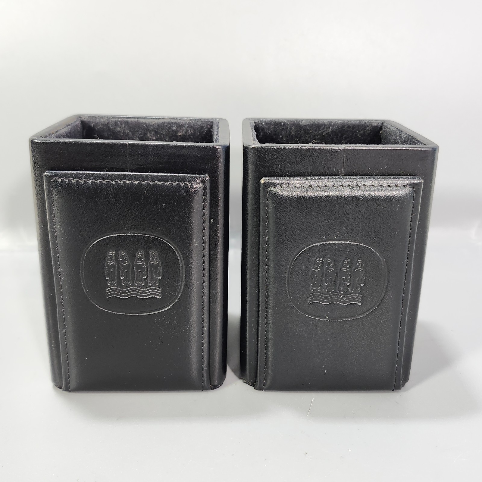 Black Leather Pencil Pen Cup Holder Pair Executive Desk Horse Crest Embroidery