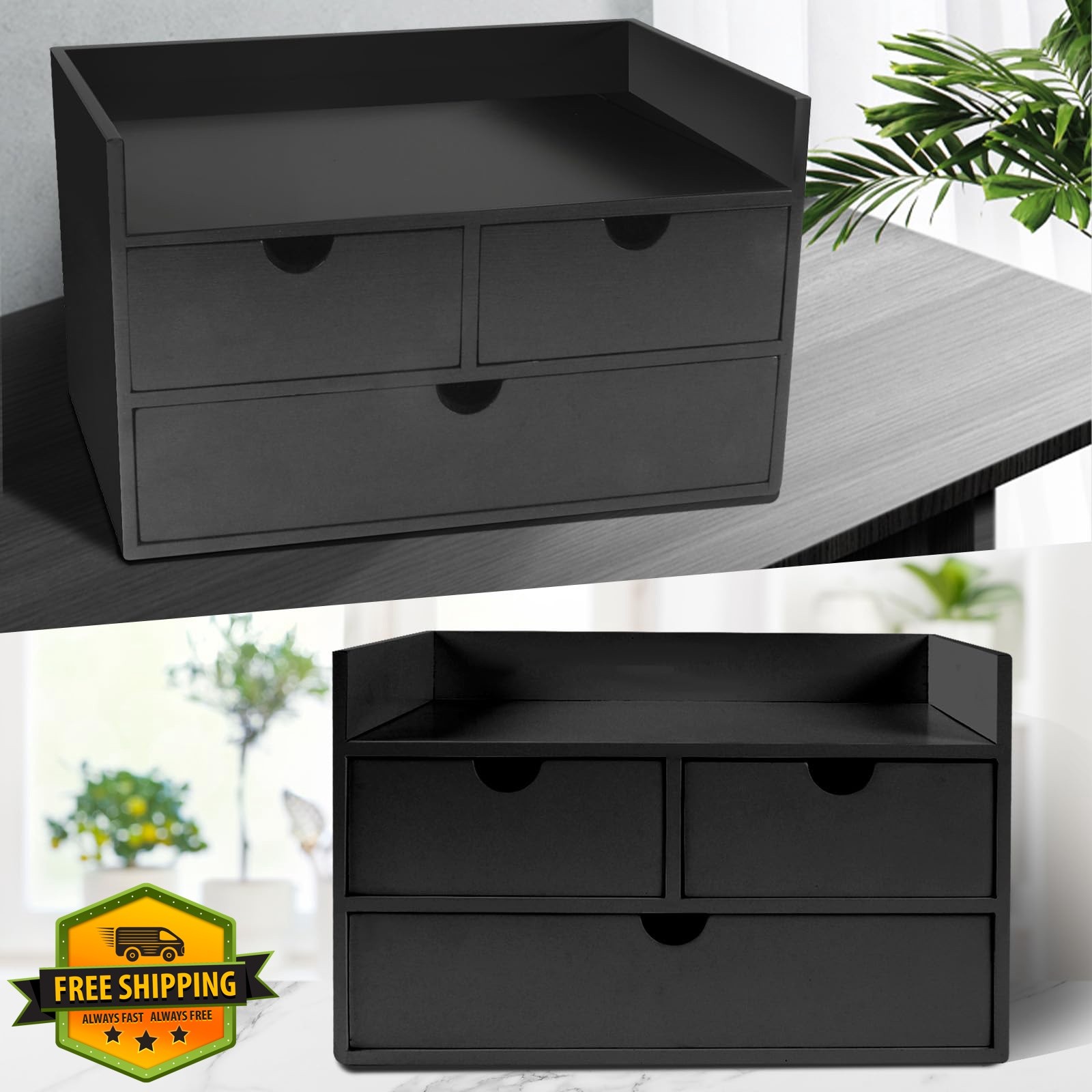 Charmewooden Bamboo 3 Drawer Desk Organizer Black With Shelf