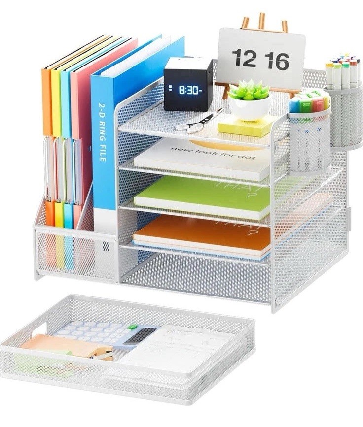 Desk Organizer with File Holder, 5-Tier Paper Letter Tray Organizer with Drawer