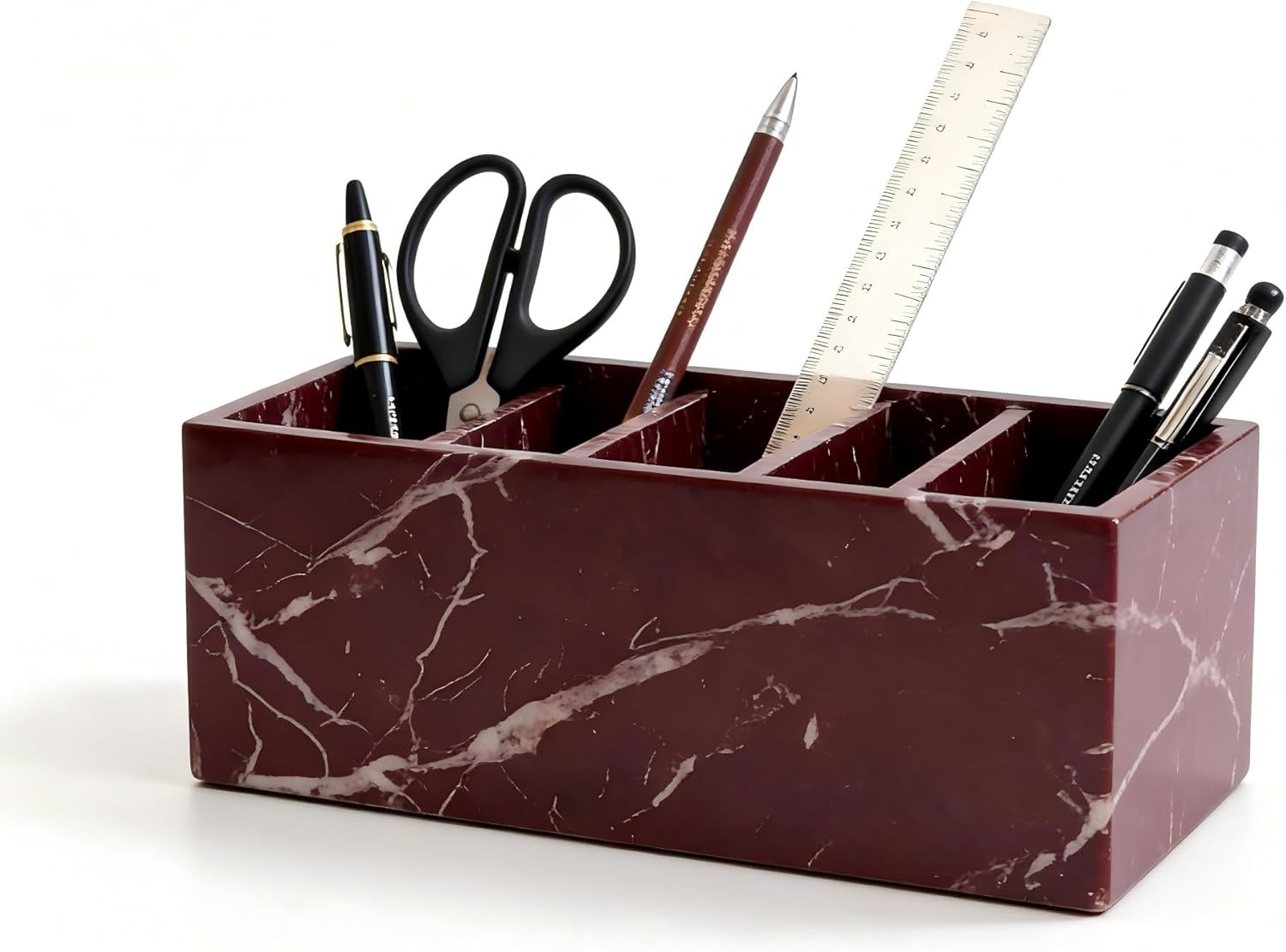 Elegant Marble Desk Organizer & Pen Holder – Purple-Red with White Veins