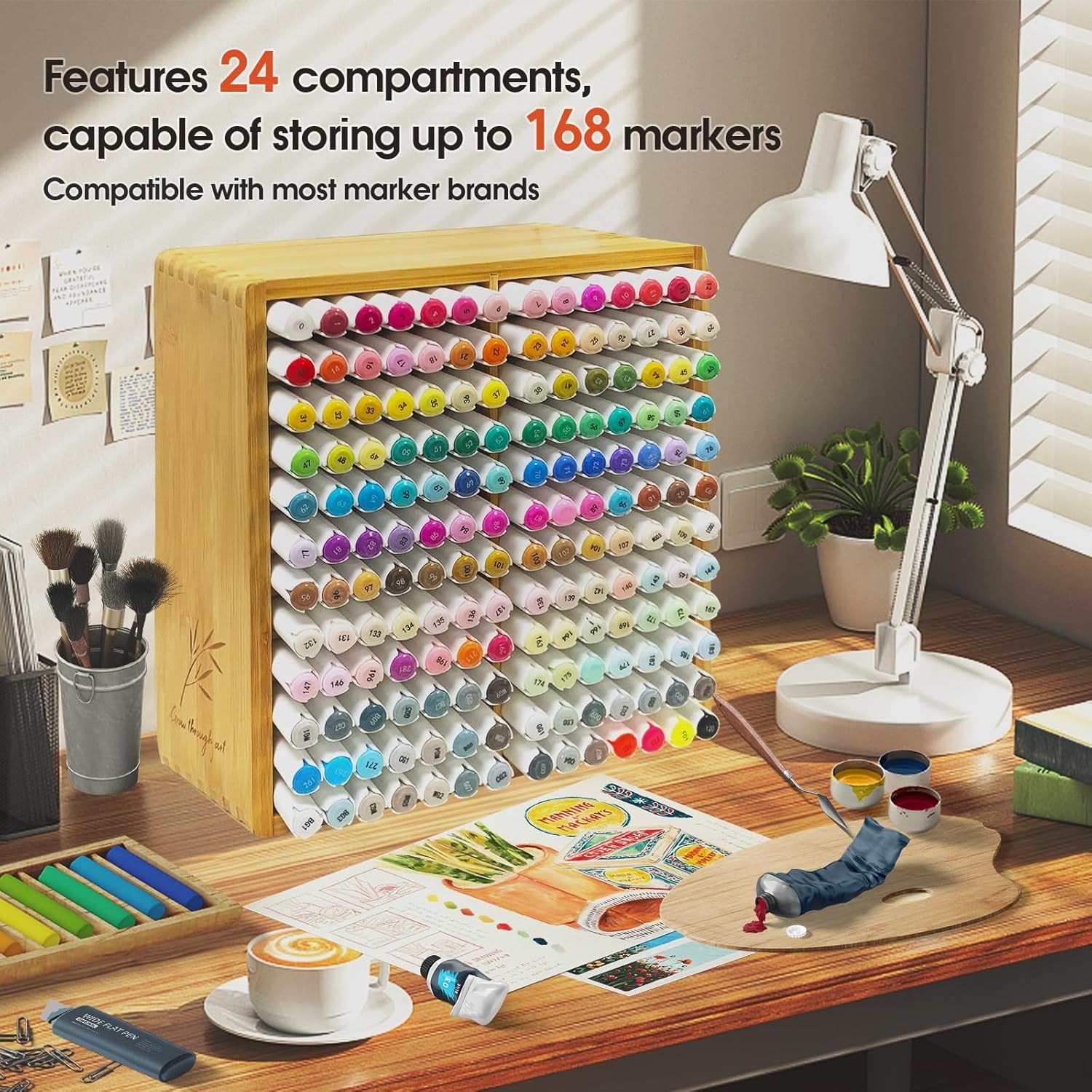 Marker Organizer for 168 Markers,Bamboo Wooden Desk Storage Organizer Rack,Marke