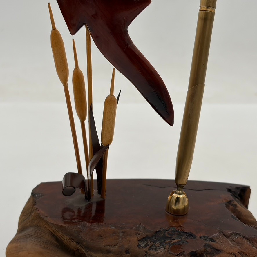 VTG Burl Wood Cattail Bird Desk Organizer Box Brass Pen Holder Mid Century MCM