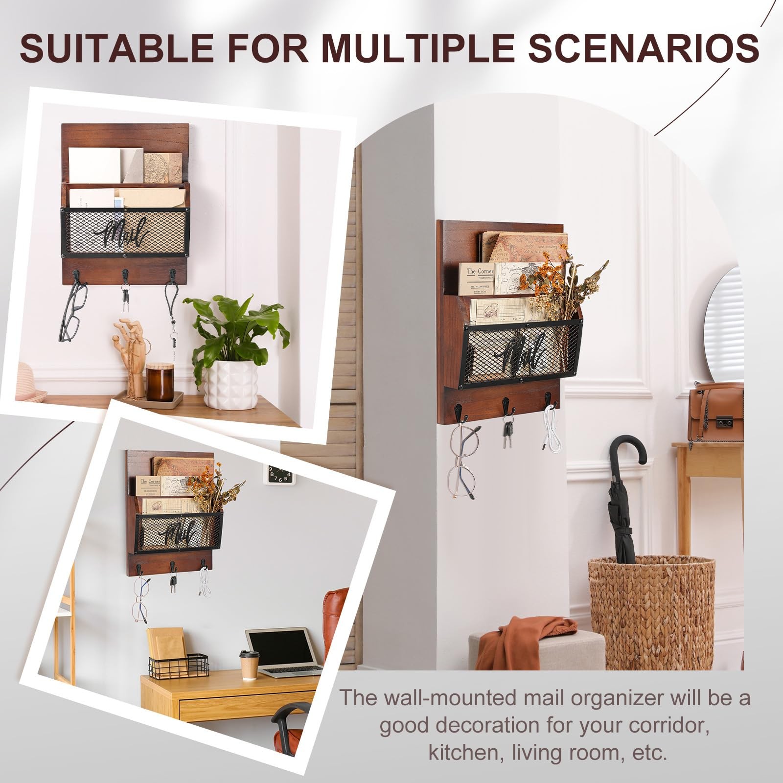 Farmhouse Organizer Wall Mounted Rustic Holder Hanging Key Sorter with 3 Hook…