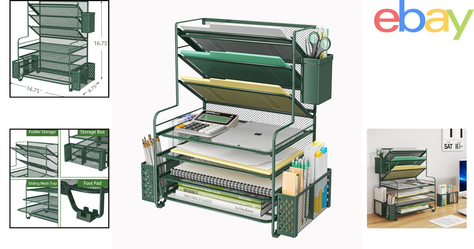 Multifunctional Desk Organizer with 7 Tiers for Papers and Office Supplies Green